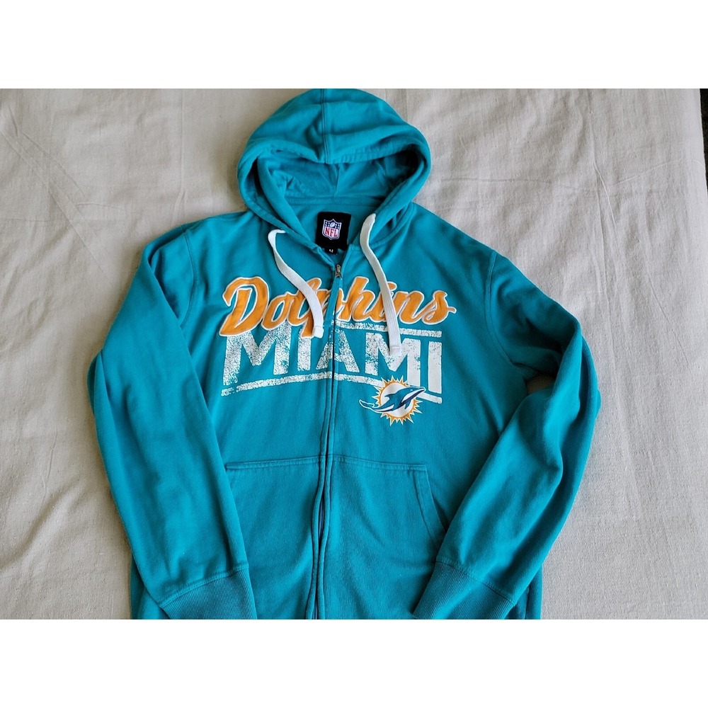 NFL Womens M Hoodie Miama Dolohins Full Zip Embroidered Pockets‎ Teal Orange EUC